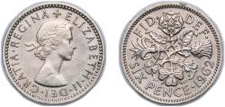 World Coins - Great Britain United Kingdom 1962 6 Pence - Elizabeth II (1st portrait; no 'BRITT:OMN') Copper-nickel (75% Cu, 25% Ni) Royal Mint (Tower Hill) (178359600) 2.83g AU KM 903 Sp 4149