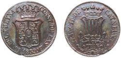 World Coins - Spain Principality of Catalonia 1839 6 Cuartos (6 CUAR) Copper Barcelona Mint 14.01g AU Cal 682 KM 128