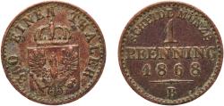 World Coins - Germany Kingdom of Prussia German states 1868 B 1 Pfenning - Wilhelm I Copper Hanover Mint 1.45g VF  AKS 108 Old/Mue 2 426, 429, 433 KM 480 Kahnt/Schön 84 Neum 19