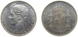 World Coins - Spain Kingdom 1900 *19-00 SMV 1 Peseta - Alfonso XIII (3rd portrait) Silver (.835) Madrid Mint (18650000) 5g AU KM706 Cal41