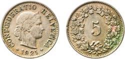 World Coins - Switzerland Federal State 1921 B 5 Rappen (Libertas; copper-nickel) Copper-nickel (75% copper, 25% nickel, non-magnetic) Bern Mint (3000000) 2g XF  HMZ 2 1212 Divo/Tob19 319 KM 26