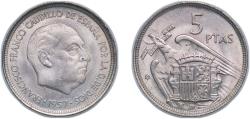 World Coins - Spain Nationalist Government 1957 *59 5 Pesetas - Francisco Franco (Copper-nickel) Copper-nickel (75% copper, 25% nickel) Royal Mint of Spain (107000000) 5.8g unc KM 786 Cal 49 Sc