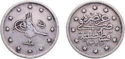 World Coins - Ottoman Empire AH1327 (1911) ٣ 2 Kurus - Mehmed V ("Reshat" right of Toughra) Silver (.830) Konstantiniyye / Qustantiniyah Mint (11120000) 2.39g VF  KM 749 Schön 276