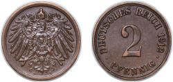World Coins - Germany Germany - 1871-1948 Third Reich 1912 A 2 Pfennig - Wilhelm II (type 2 - small shield) Copper Berlin Mint (13580338) 3.333g XF KM 16 AKS 19 J 11 Schön 11 Neum 34