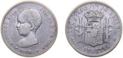 World Coins - Spain Kingdom 1889 MPM 2 Pesetas - Alfonso XIII (1st portrait) Silver (.835) Madrid Mint (559000) 10g VF KM692