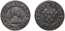 World Coins - France Kingdom 1613 D Double Tournois - Louis XIII (Lyon; 3rd type) Copper Lyon Mint 2.5g VF CGKL 342 Dy royales 1358A Ciani 1720