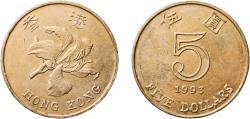 World Coins - China Hong Kong British colony 1993 5 Dollars Copper-nickel Royal Mint 13.61g AU  KM 65 Schön 55