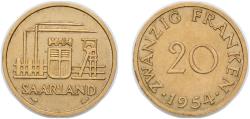 World Coins - Germany Saar Third Reich 1954 20 Franken Aluminium bronze Paris Mint (12950000) 4g AU KM 2 J 802 Schön 2
