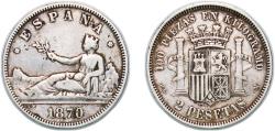 World Coins - Spain Provisional Government 1870 *18-75 DEM 2 Pesetas - Provisional Government Silver (.835) Madrid Mint (4996834) 9.94g VF  KM 654