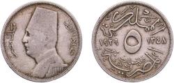 World Coins - Egypt Arab Republic of Egypt AH 1348 (1929) BP 5 Milliemes - Fuad (left) Copper-nickel Hungarian mint (4000000) 3.94g VF  KM 346 Schön 54
