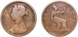 World Coins - Great Britain United Kingdom 1889 ½ Penny - Victoria (2nd portrait; 2nd type) Bronze 5.34g VF KM 754 Sp 3956 Sp 3957