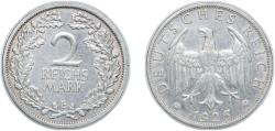 World Coins - Germany Germany - 1871-1948 Weimar Republic 1926 E 2 Reichsmark Silver (.500) Muldenhütten Mint (5107000) 10g XF KM 45 AKS 32 J 320 Schön DM 44