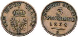 World Coins - Germany States Kingdom of Prussia Wilhelm I 1868 C 3 Pfenninge