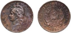World Coins - Argentina Federal Republic 1894 2 Centavos Bronze (2233000) 9.97g XF KM 33