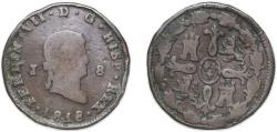 World Coins - Spain Kingdom 1818 J 8 Maravedis - Fernando VII (Jubia) Copper Jubia Mint 9.45g VF Rim Damage KM 491