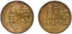World Coins - Spain Second Republic 1937 1 Peseta "Rubia" - II Republic Aluminium bronze (90% copper, 10% aluminium) (50000000) 4.99g VF KM 755 Cal 2 Schön 21