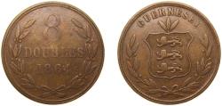 World Coins - Guernsey British dependency 1864 8 Doubles - Victoria Bronze (280000) 9.6g VF KM 7 Schön 8