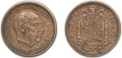 World Coins - Spain Nationalist Government 1947 *19-54 1 Peseta - Francisco Franco (Benlliure) Aluminium bronze (92.5% copper, 7.5% aluminium) (37000000) 3.3g XF KM 775 Cal 75 Schön 28.1