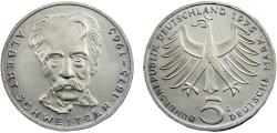 World Coins - Germany Federal republic 1975 G 5 Deutsche Mark 100th Anniversary of the Birth of Albert Schweitzer