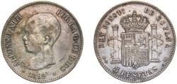 World Coins - Spain Kingdom 1892*18-92 PGM 5 Pesetas - Alfonso XIII (1st portrait) Silver (.900) Seville Mint 24.2g XF KM 689