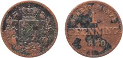 World Coins - Germany Kingdom of Bavaria Second Empire 1870 1 Pfenning - Maximilian II Copper Munich Mint (1608000) 1.25g VF  AKS 161, 185 Jaeg 5 Bay 91 KM 856 Wittelsbach 2889