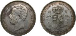 World Coins - Spain Kingdom 1871 *1871 SDM 5 Pesetas - Amadeo I Silver (.900) Madrid mint 25g XF KM666 Cal5