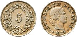 World Coins - Switzerland Federal State 1925 B 5 Rappen (Libertas; copper-nickel) Copper-nickel (75% copper, 25% nickel, non-magnetic) Bern Mint (3000000) 2g XF  HMZ 2 1212 Divo/Tob19 319 KM 26