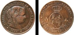 World Coins - Spain Kingdom 1868 OM 2½ Centimos de Escudo - Isabel II Bronze Barcelona Mint 6.09g XF  KM 634 Cal 638