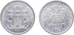 World Coins - Germany Free Hanseatic city of Hamburg German states 1914 J 3 Mark Silver (.900) (575111) 16.67g XF KM 620 J 64 AKS 46
