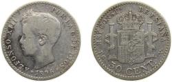 World Coins - Spain Kingdom 1896 PGV 50 Centimos - Alfonso XIII (3rd portrait) Silver (.835) Madrid mint (296930) 2.5g VF KM705 Cal59