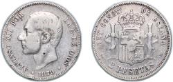 World Coins - Spain Kingdom 1879 EMM 2 Pesetas - Alfonso XII Chopmarked ★ Silver (.835) Madrid Mint 9.92g VF KM 678 Cal 46