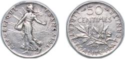 World Coins - France Third Republic 1915 50 Centimes Silver (.835) (20892772) 2.46g VF Franc 2014 190 Gad 1789 420 KM 854 Schön 186