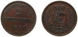 World Coins - Germany Kingdom of Bavaria German states 1866 2 Pfenning - Ludwig II Copper (234000) 2.4g AU KM 857 AKS 184