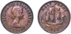 World Coins - Great Britain United Kingdom 1960 ½ Penny - Elizabeth II (1st portrait; without 'BRITT:OMN') Bronze (41340000) 5.62g AU KM 896 Sp 4158