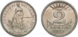 World Coins - Asturias and León, Provinces of 1937 2 Pesetas (Asturias and León) Copper-nickel (400000) 7.99g UNC KM 3