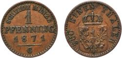World Coins - Germany Kingdom of Prussia German states 1871 C 1 Pfenning - Wilhelm I Copper Frankfurt am Main Mint 1.46g XF  AKS 108 Old/Mue 2 426, 429, 433 KM 480 Kahnt/Schön 84 Neum 19