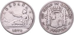 World Coins - Spain Provisional Government 1870 *1?-70 SNM 2 Pesetas - Provisional Government Silver (.835) Royal Mint of Spain (1503872) 9.78g VF  KM 654