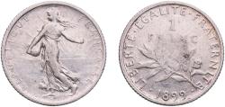 World Coins - France Third Republic 1899 1 Franc Silver (.835) Paris Mint (11000000) 4.96g VF  Franc 2014 217 Gad 1789 467 KM 844 Schön 187