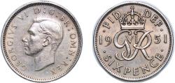 World Coins - Great Britain United Kingdom 1951 6 Pence - George VI (3rd coinage) Copper-nickel (75% Cu, 25% Ni) Royal Mint (Tower Hill) (40399400) 2.83g XF KM 875 Sp 4110