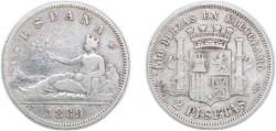 World Coins - Spain Provisional Government 1869 *??-69 SNM 2 Pesetas - Provisional Government Silver (.835) (3269853) 9.8g VF KM 654