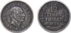 World Coins - Germany Kingdom of Hannover German states 1844 B 1⁄12 Thaler - Ernest August Silver (.520) Hanover Mint 2.67g XF AKS 113 Jaeg 8 HB 72; 73 KM 194