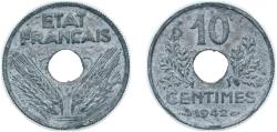 World Coins - France Vichy French State 1942 10 Centimes Zinc (139598400) 2.65g UNC F 141 KM 898 Gad 290