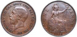 World Coins - Great Britain United Kingdom 1928 1 Penny - George V (smaller portrait) Bronze (50178000) 9.21g XF KM 838 Sp 4055