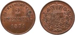 World Coins - Germany Kingdom of Bavaria German states 1871 2 Pfenning - Maximilian II, Ludwig II Copper Munich Mint (466000) 2.57g UNC  AKS 159, 184 Jaeg 5 Bay 92 KM 857 Wittelsbach 3016