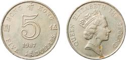 World Coins - China Hong Kong British colony 1987 5 Dollars - Elizabeth II (3rd portrait) Copper-nickel (75% Copper, 25% Nickel) Royal Mint 13.54g AU  KM 56 Schön 46