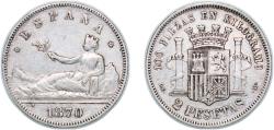 World Coins - Spain 1870 *18-74 DEM 2 Pesetas - Provisional Government Silver (.835) Madrid Mint (14892932) 9.74g XF KM 654