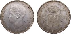 World Coins - Spain Kingdom Alfonso XIII 1899 *18-99 SGV 5 Pesetas 3rd portrait 25g