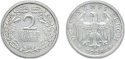 World Coins - Germany Germany - 1871-1948 Weimar Republic 1926 J 2 Reichsmark Silver (.500) Hamburgische Münze Mint (5305000) 10g XF KM 45 AKS 32 J 320 Schön DM 44