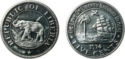 World Coins - Liberia Republic 1974 5 Cents Copper-nickel (75% Copper, 25% Nickel) Royal Mint (9362) 4.17g PF  KM 14 Schön 14