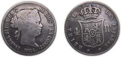 World Coins - Spain Kingdom 1864 4 Reales - Isabel II Silver (.900) Madrid Mint 5.2g VF KM 608.2